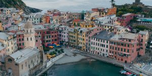 Ariel view of buildings near the sea in Italy