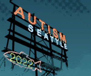 A replica of the Pike Place Market sign that say Autism Seattle 2022. 
